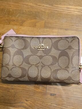 Coach Brown Signature Zip Wallet with Pink Trim